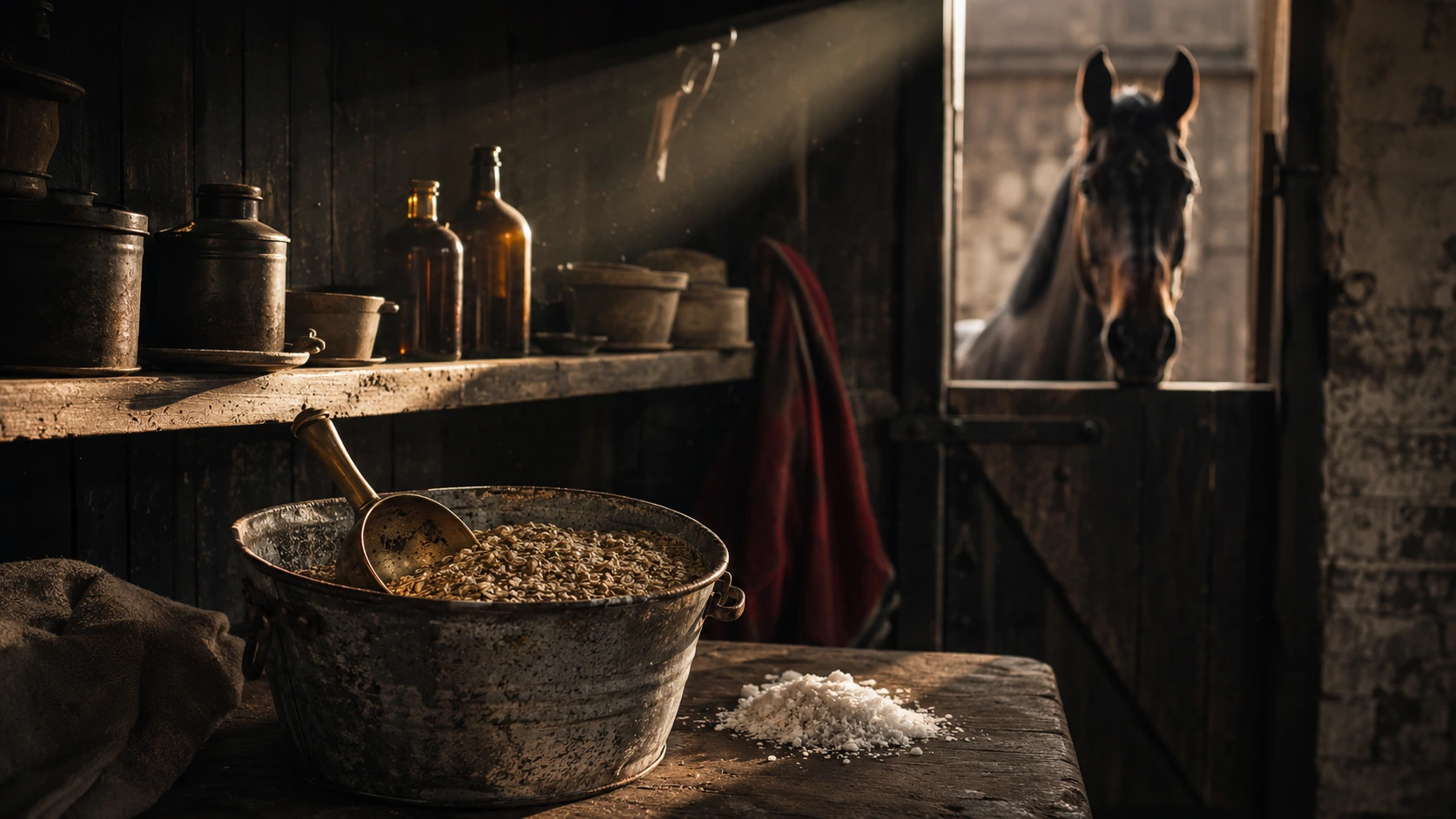 A feed room at dawn — buckets, scoops and supplement tubs, a thoroughbred waiting at the door
