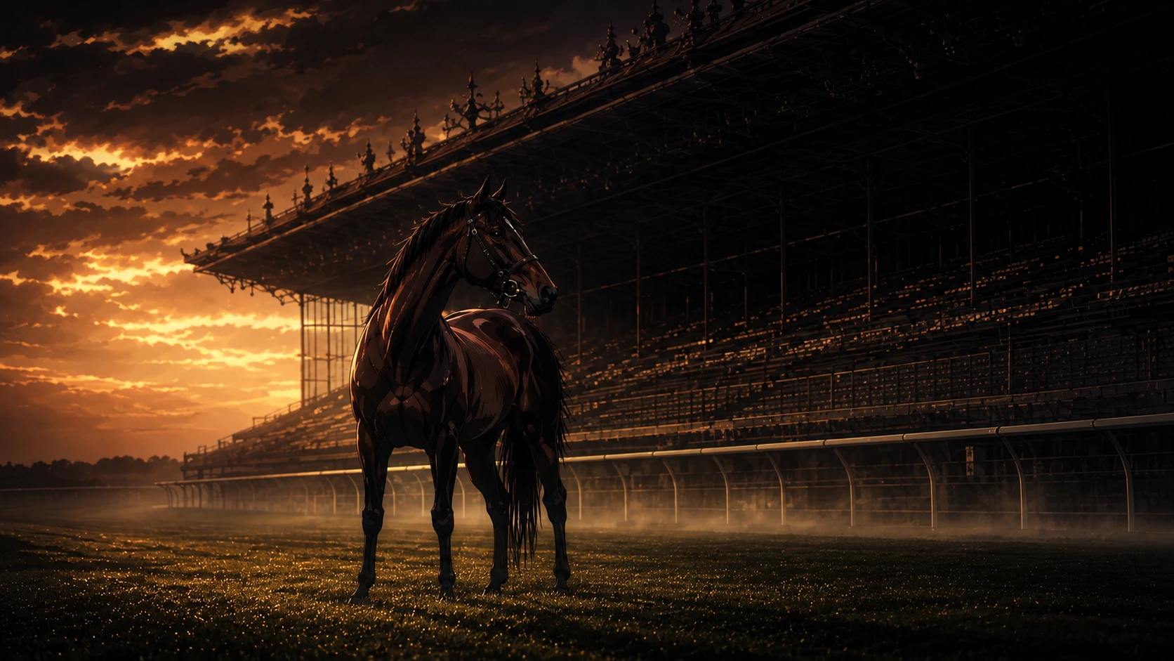 A lone thoroughbred on an empty racecourse at dusk — the global decline of horse racing