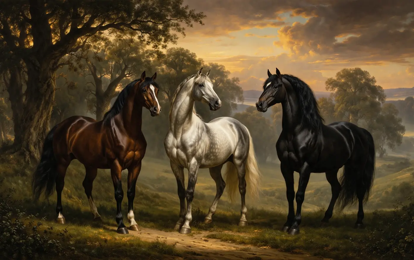 Three founding stallions of the thoroughbred — oil painting